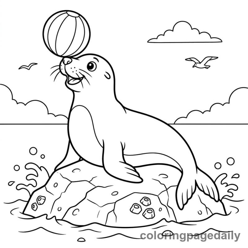 Sea Lion Balancing Ball - Daily printable coloring page in Ocean and Underwater Life category