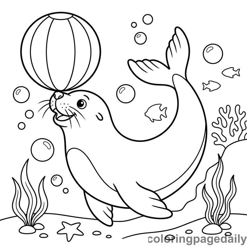 Sea Lion Balancing Beach Ball - Daily printable coloring page in Ocean and Underwater Life category