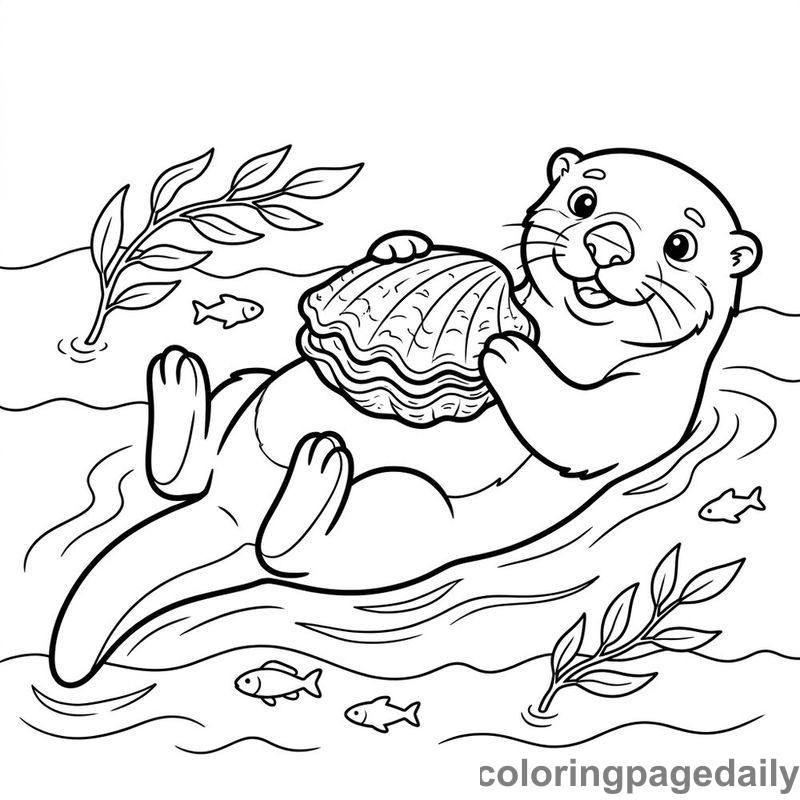 Sea Otter Balancing Clam Shell - Daily printable coloring page in Ocean and Underwater Life category