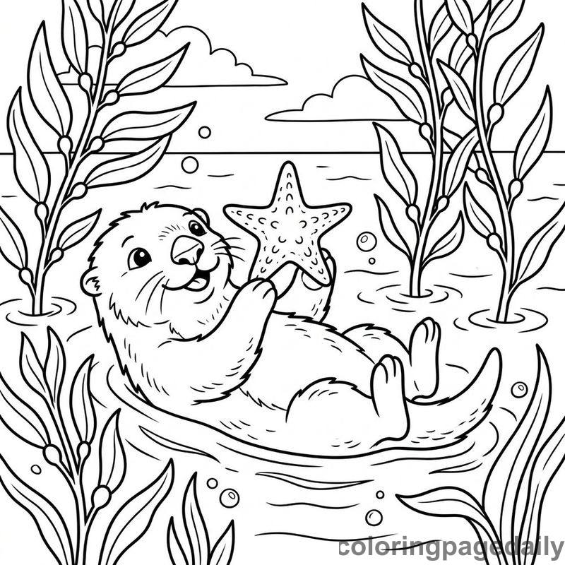 Sea Otter Balancing Starfish - Daily printable coloring page in Ocean and Underwater Life category