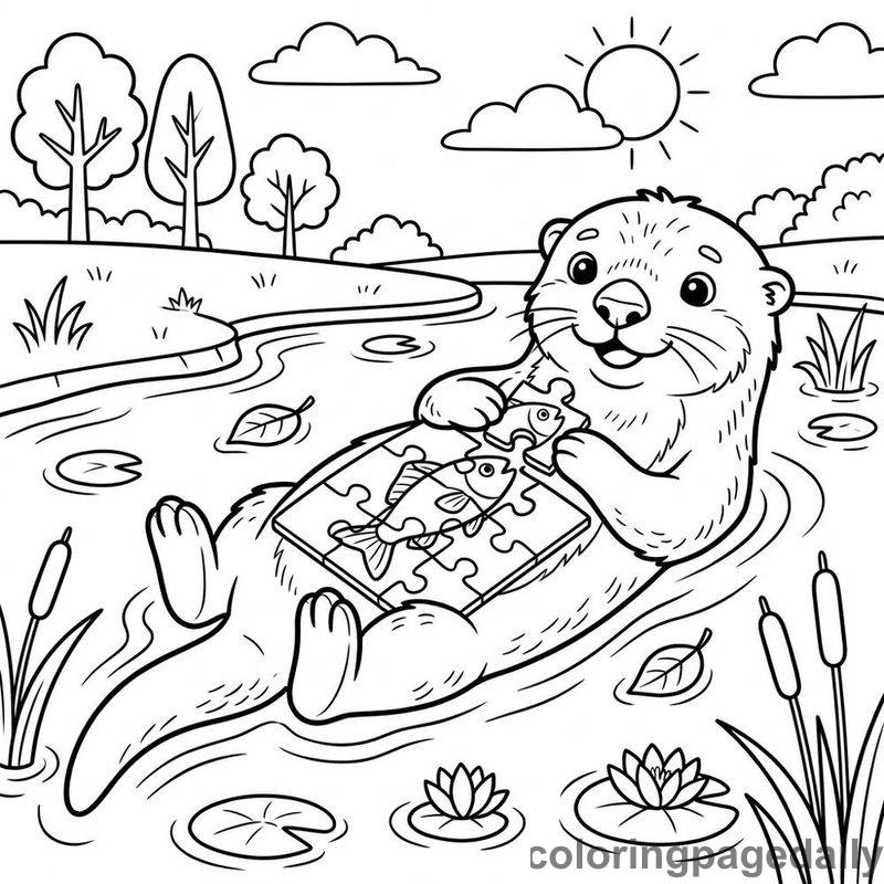 Sea Otter Solving Jigsaw Puzzle - Daily printable coloring page in Animals category