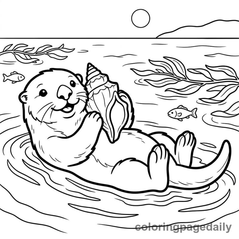 Sea Otter Listening to Shell - Daily printable coloring page in Animals category