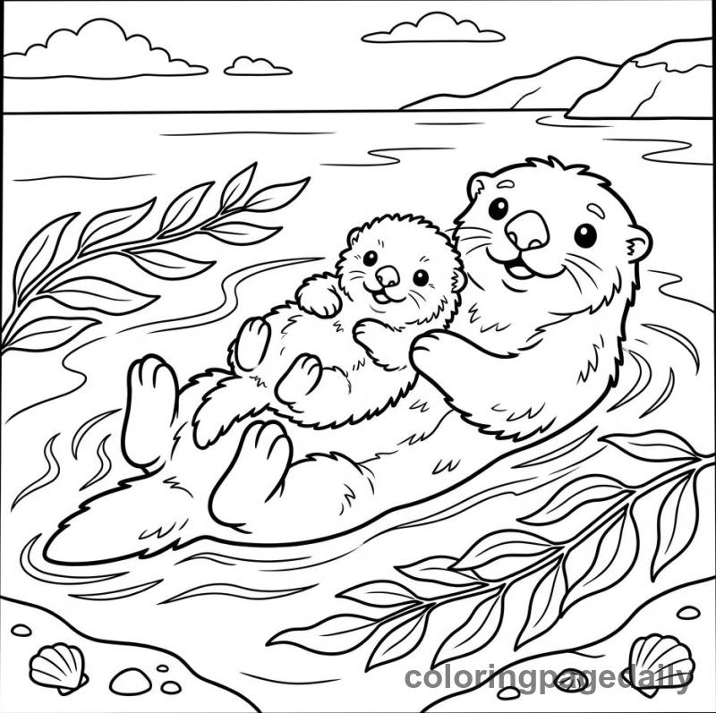 Sea Otter Mother Cuddles Her Pup - Daily printable coloring page in Ocean and Underwater Life category