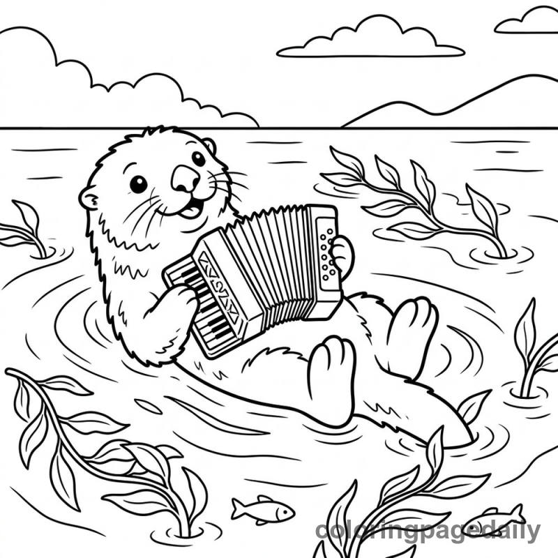 Sea Otter Playing Accordion - Daily printable coloring page in Animals category