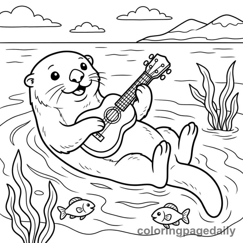Sea Otter Playing Ukulele - Daily printable coloring page in Animals category