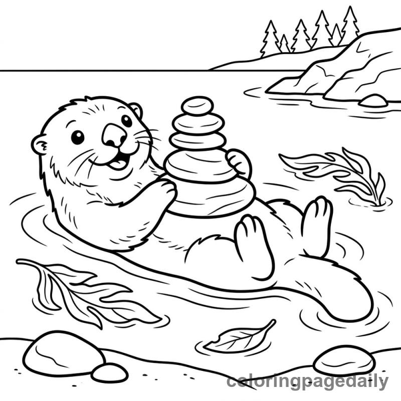 Sea Otter Stacking Stones - Daily printable coloring page in Animals category