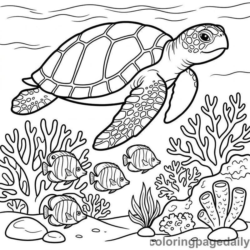 Sea Turtle And Butterflyfish - Daily printable coloring page in Ocean and Underwater Life category