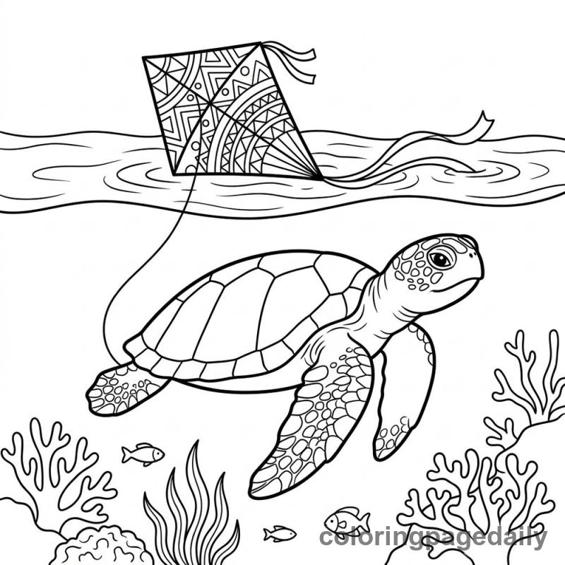Sea Turtle And Summer Kite - Daily printable coloring page in Ocean and Underwater Life category