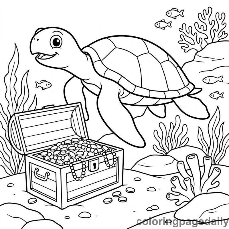 Sea Turtle And Treasure Chest - Daily printable coloring page in Ocean and Underwater Life category