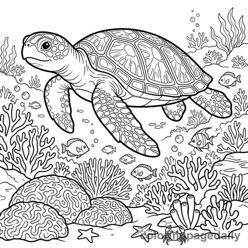 Sea Turtle Coral Swim - Daily printable coloring page in Ocean and Underwater Life category