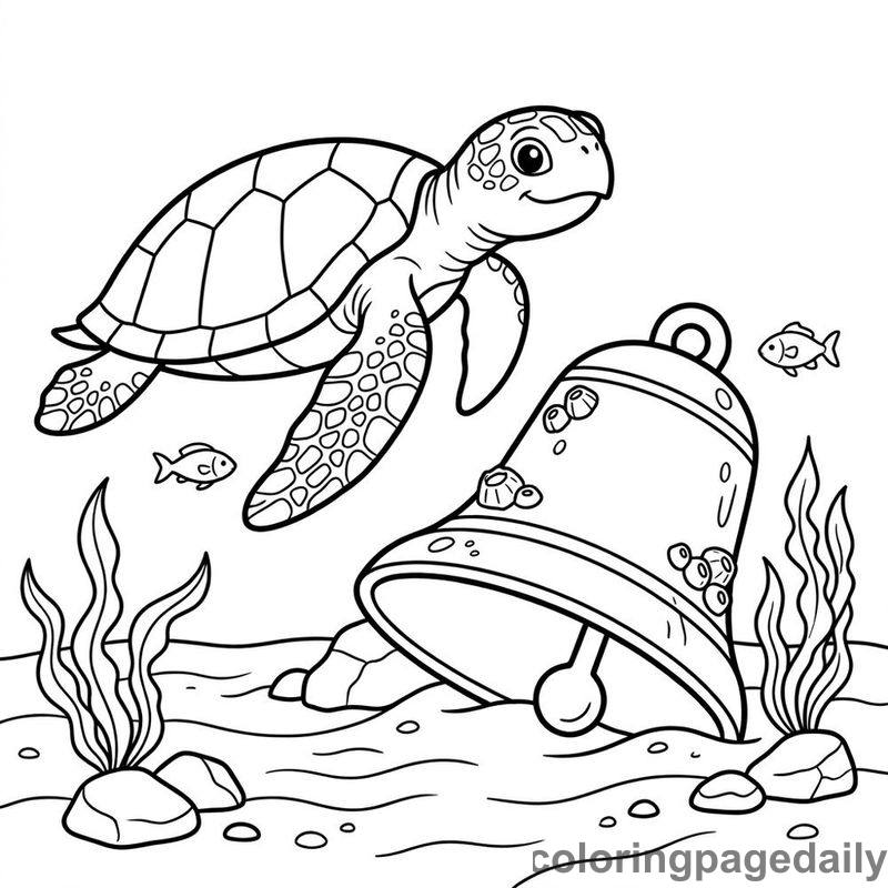 Sea Turtle Exploring Sunken Bell - Daily printable coloring page in Ocean and Underwater Life category