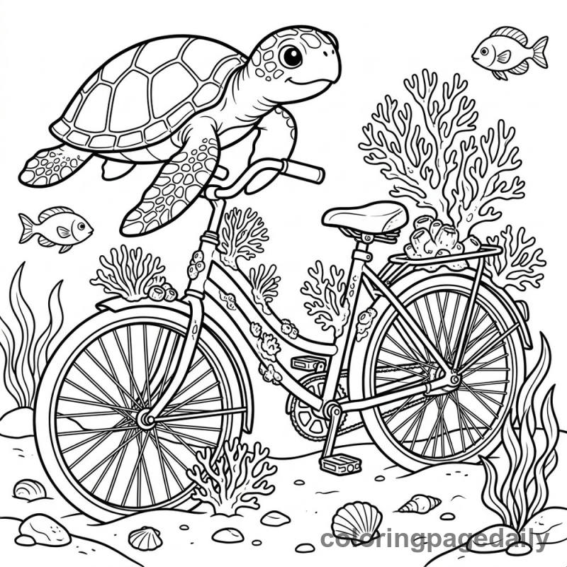 Sea Turtle Exploring Vintage Bicycle - Daily printable coloring page in Ocean and Underwater Life category