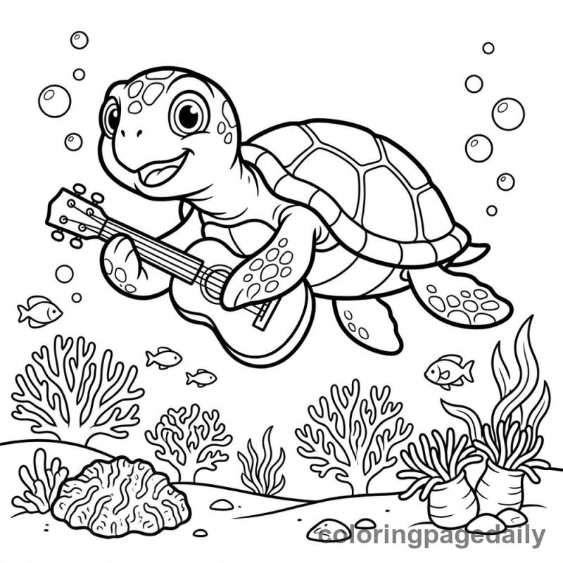 Sea Turtle Playing Ukulele - Daily printable coloring page in Ocean and Underwater Life category