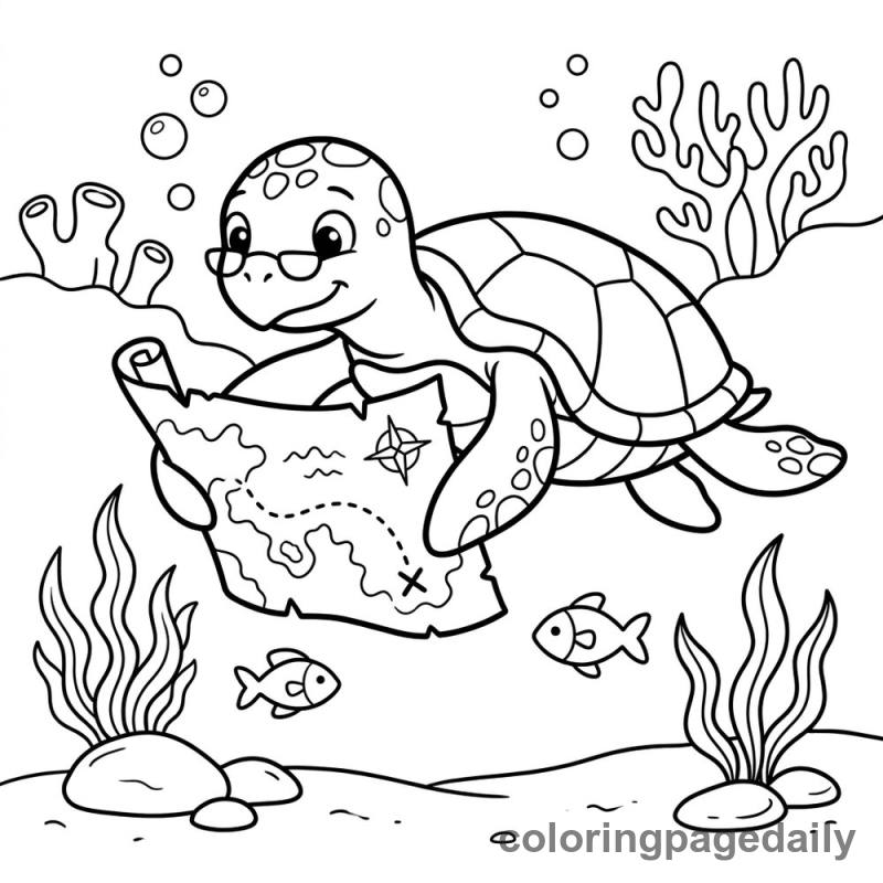 Sea Turtle Reading Map - Daily printable coloring page in Ocean and Underwater Life category