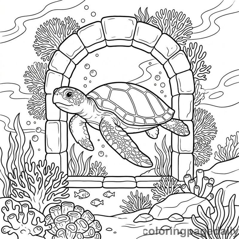 Sea Turtle Swimming Through Window - Daily printable coloring page in Ocean and Underwater Life category