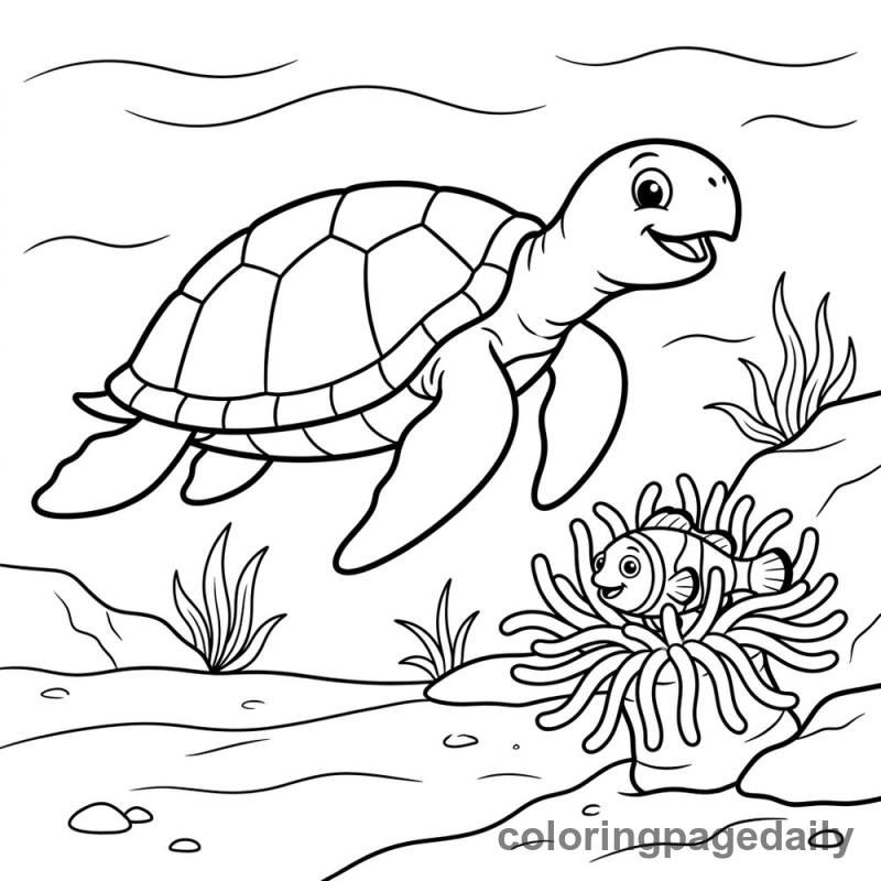 Sea Turtle Swims Past Anemone - Daily printable coloring page in Ocean and Underwater Life category