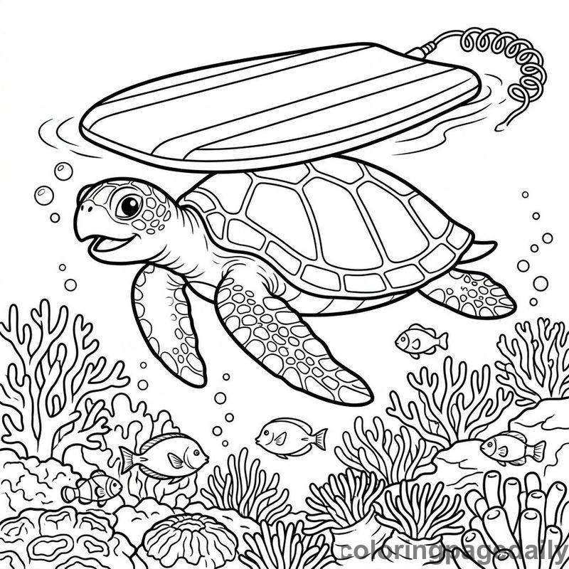 Sea Turtle Under Boogie Board - Daily printable coloring page in Ocean and Underwater Life category