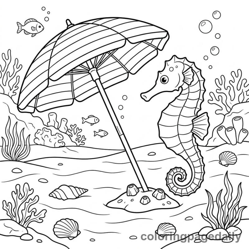 Seahorse And Sunken Umbrella - Daily printable coloring page in Ocean and Underwater Life category
