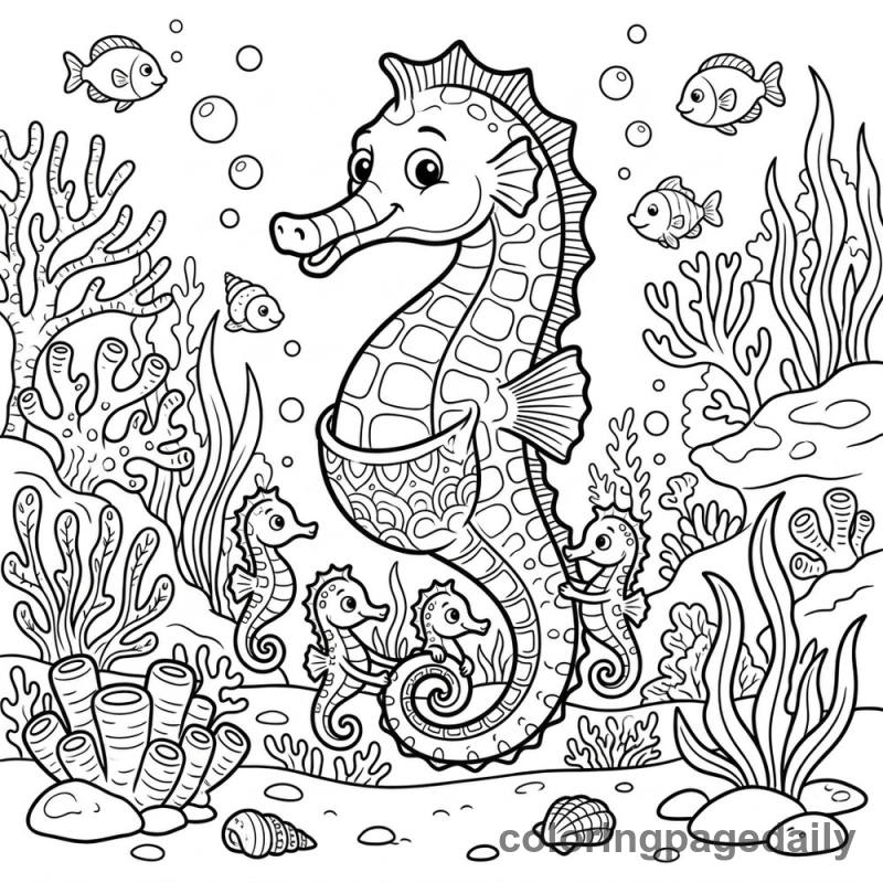 Seahorse Family Swim - Daily printable coloring page in Ocean and Underwater Life category