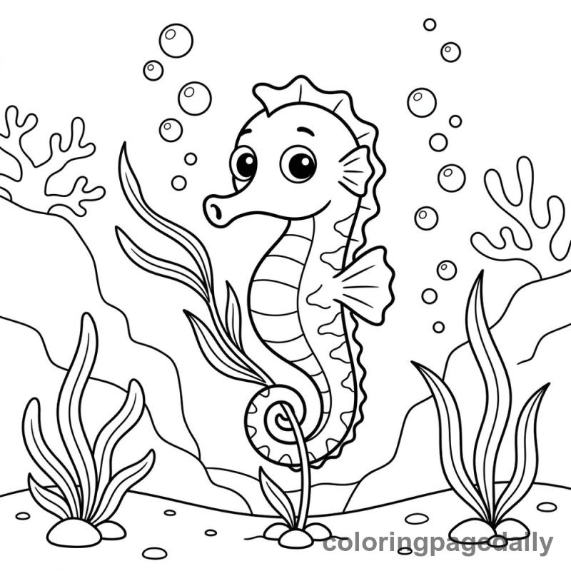 Seahorse on Seagrass - Daily printable coloring page in Ocean and Underwater Life category