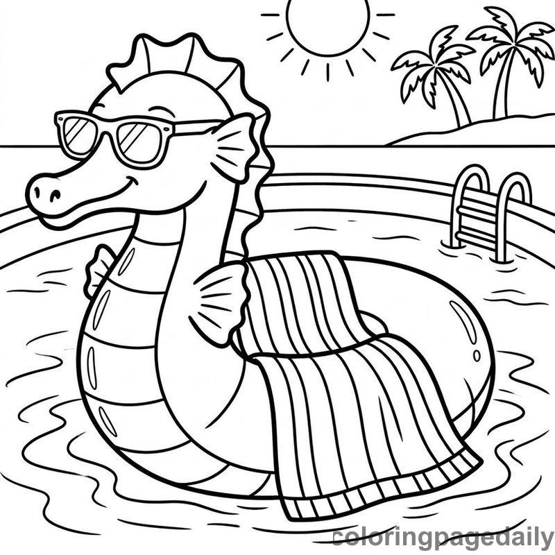 Seahorse Pool Float Relaxation - Daily printable coloring page in Summer Vacation category