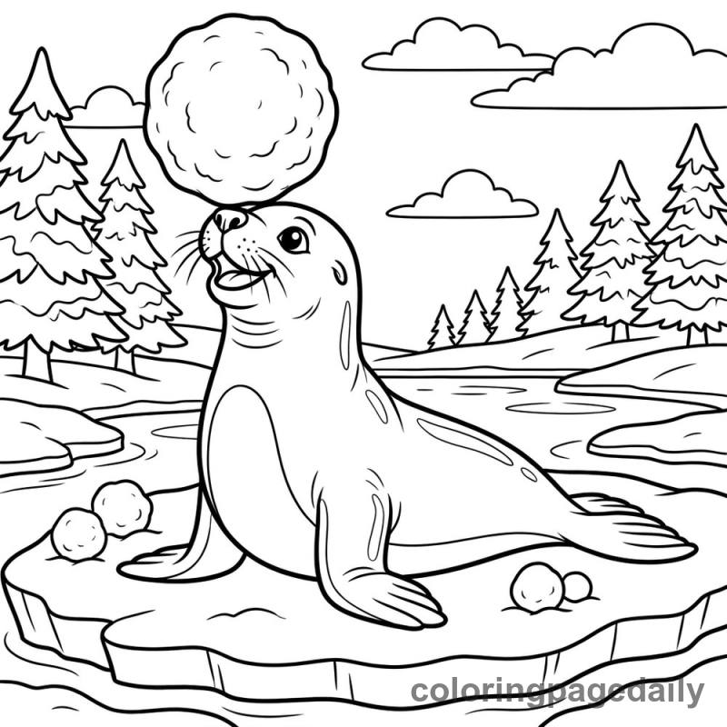 Seal Balancing Snowball - Daily printable coloring page in Winter and Snow Season category