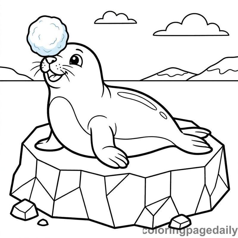 Seal Balancing Snowball - Daily printable coloring page in Winter and Snow Season category
