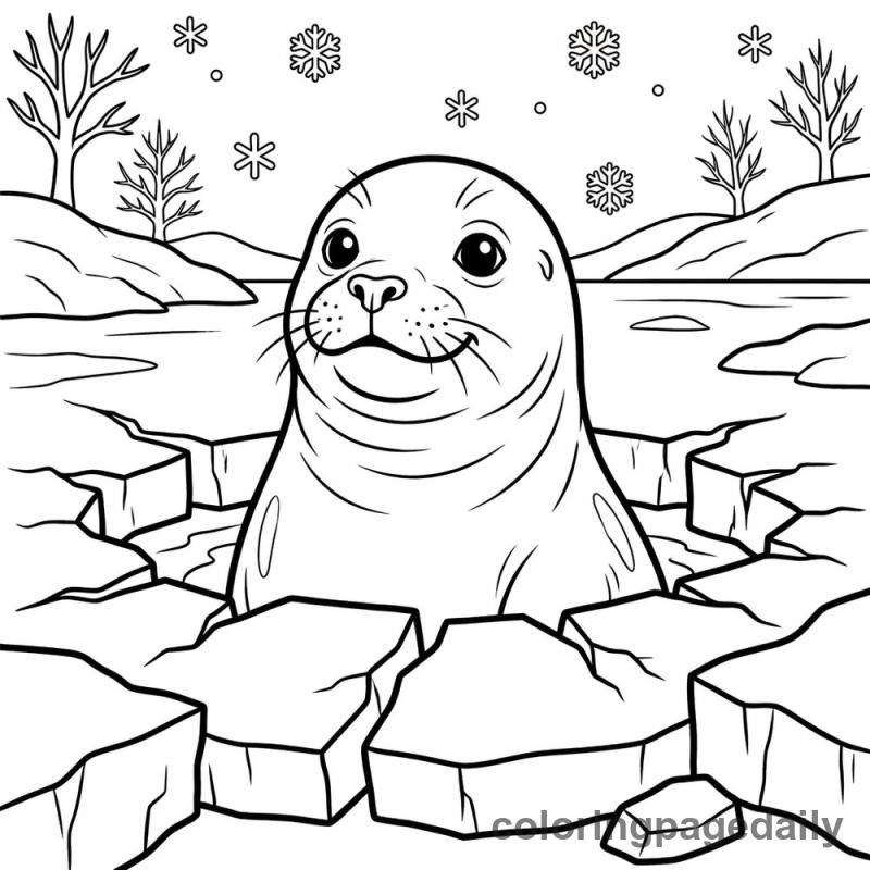 Seal Peeking from Ice - Daily printable coloring page in Winter and Snow Season category
