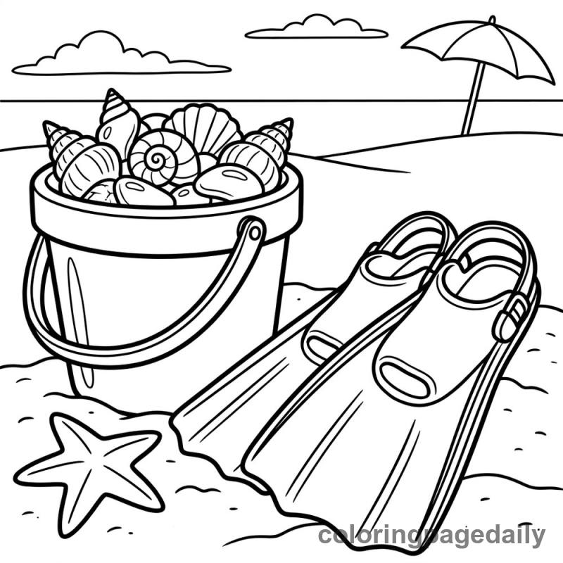 Seashell Bucket And Flippers - Daily printable coloring page in Summer Vacation category