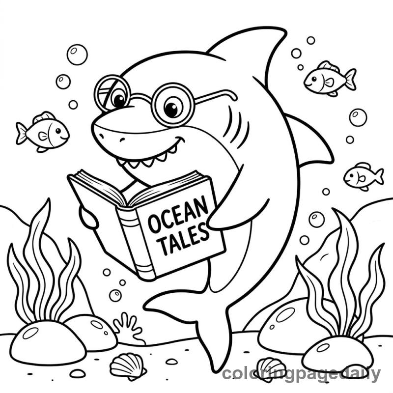 Shark Reading Book - Daily printable coloring page in Ocean and Underwater Life category