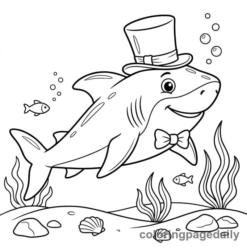 Shark Wearing Top Hat - Daily printable coloring page in Ocean and Underwater Life category
