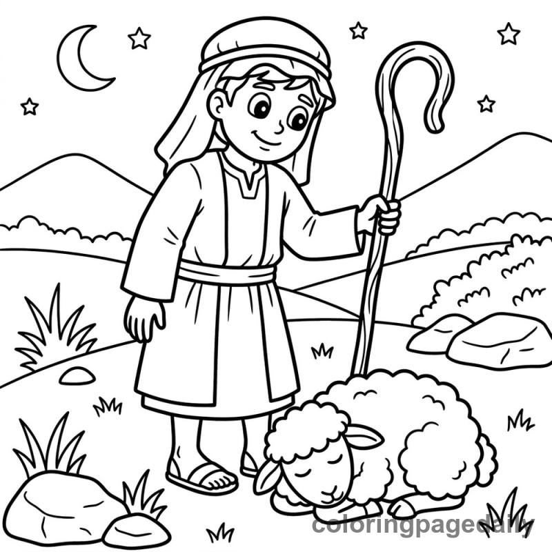 Shepherd Watching Sheep - Daily printable coloring page in Christmas category
