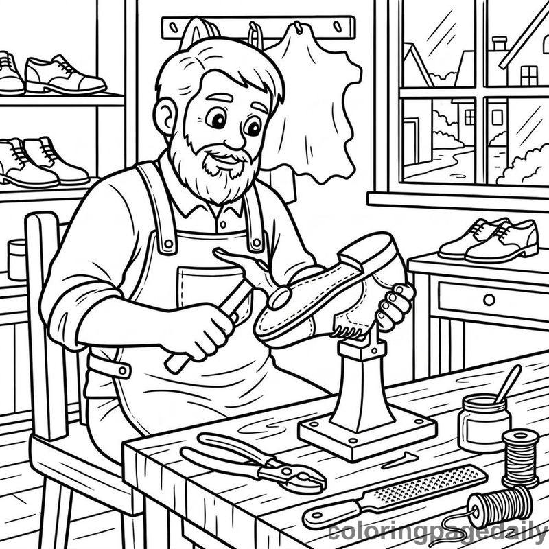 Shoemaker Repairing Leather Shoe - Daily printable coloring page in Professions category