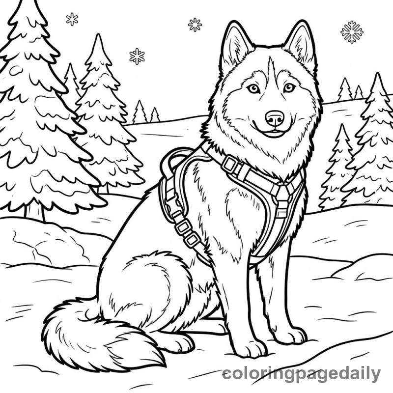 Siberian Husky In Snow - Daily printable coloring page in Winter and Snow Season category