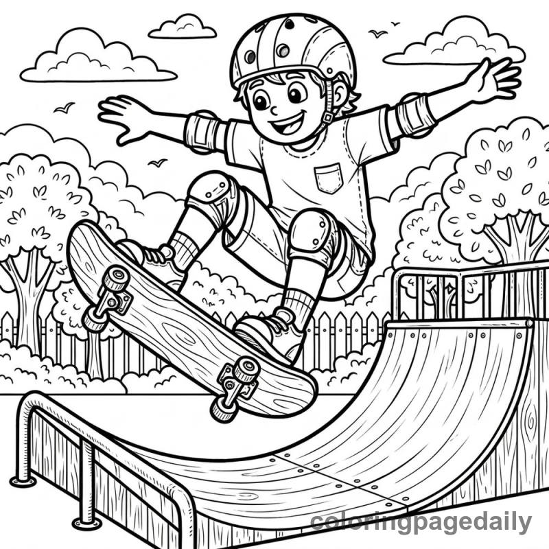Skateboarder Jumping High - Daily printable coloring page in Sports category
