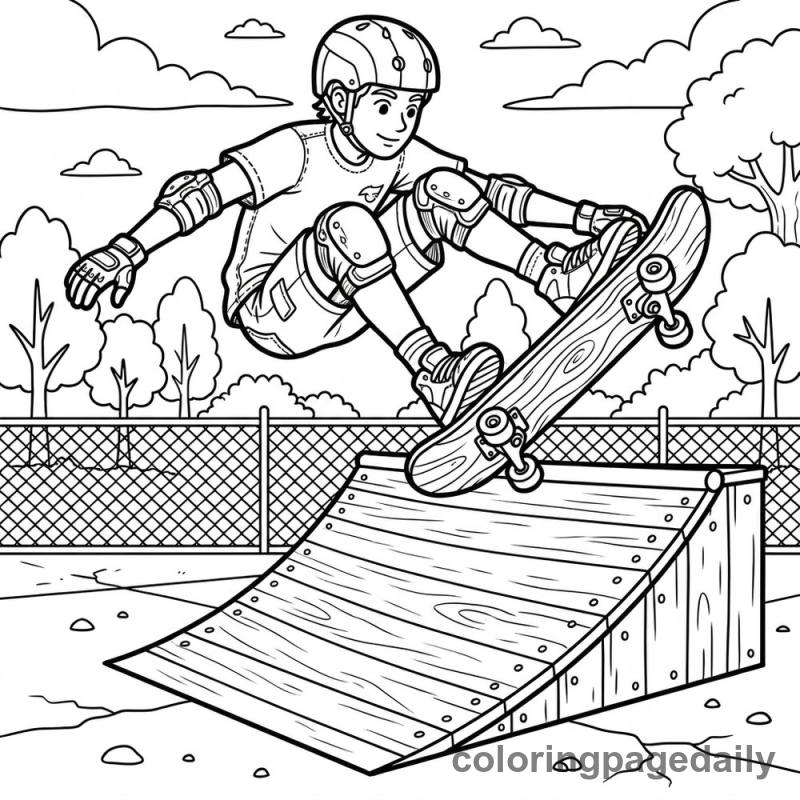 Skateboarder Jumping Ramp - Daily printable coloring page in Sports category