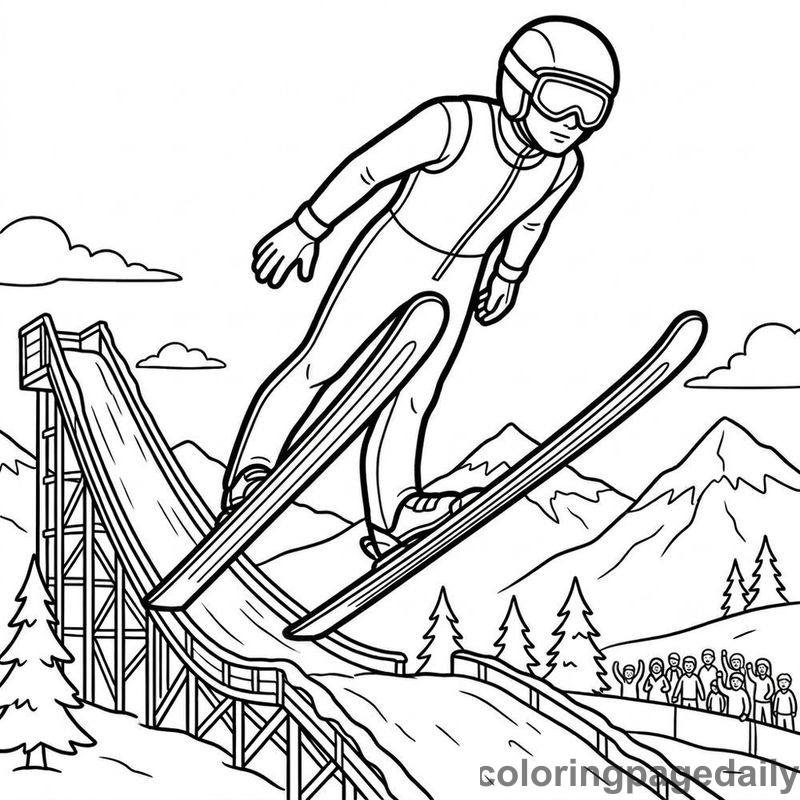 Ski Jump Action - Daily printable coloring page in Sports category