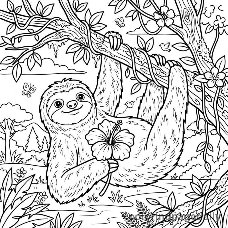 Hibiscus for a Sloth - Daily printable coloring page in Animals category
