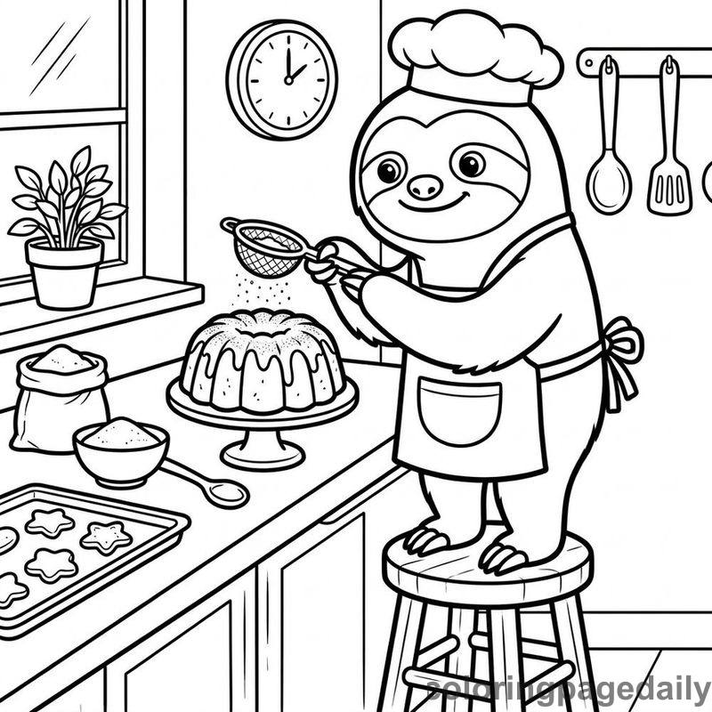 Sloth Baking A Cake - Daily printable coloring page in Animals category