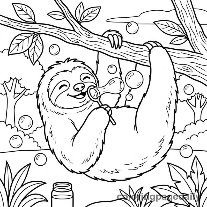 Sloth Blowing Bubbles - Daily printable coloring page in Animals category