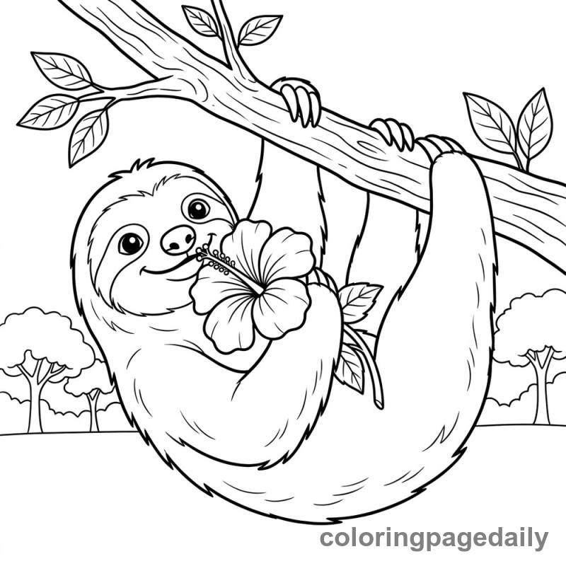 Sloth Eating Hibiscus - Daily printable coloring page in Animals category