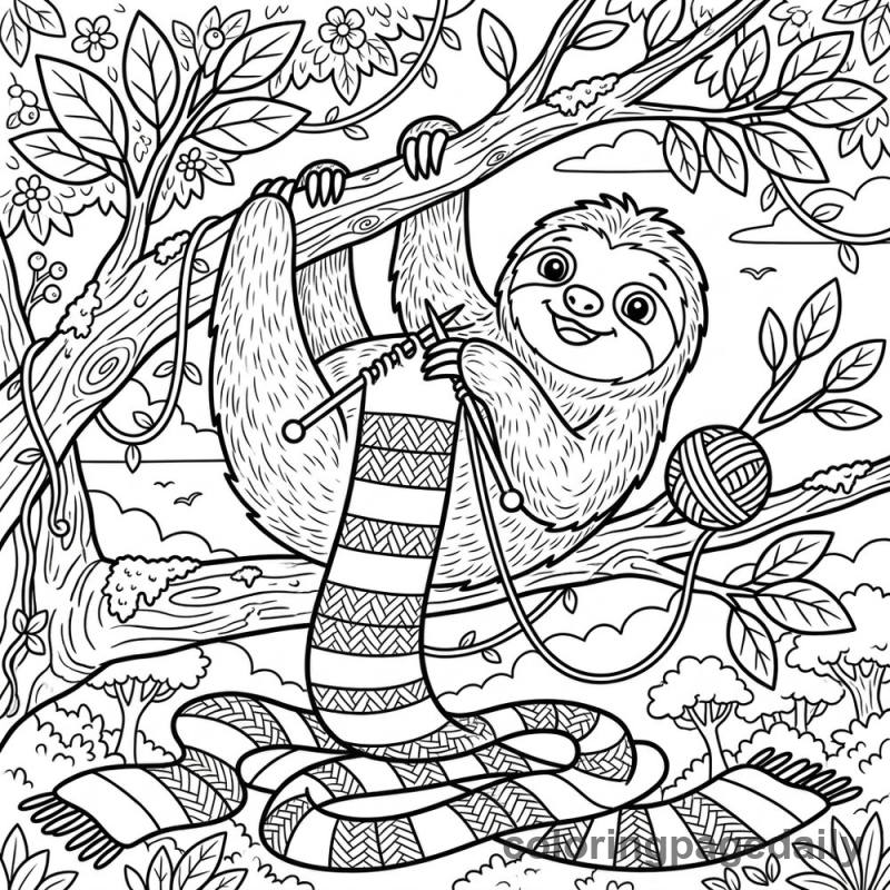 Sloth Knitting a Scarf - Daily printable coloring page in Animals category