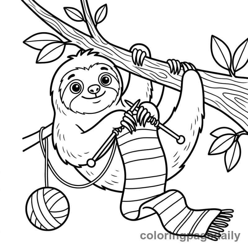 Sloth Knitting Scarf - Daily printable coloring page in Animals category