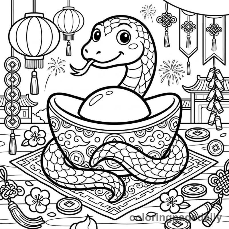Snake With Gold Ingot - Daily printable coloring page in Chinese New Year category