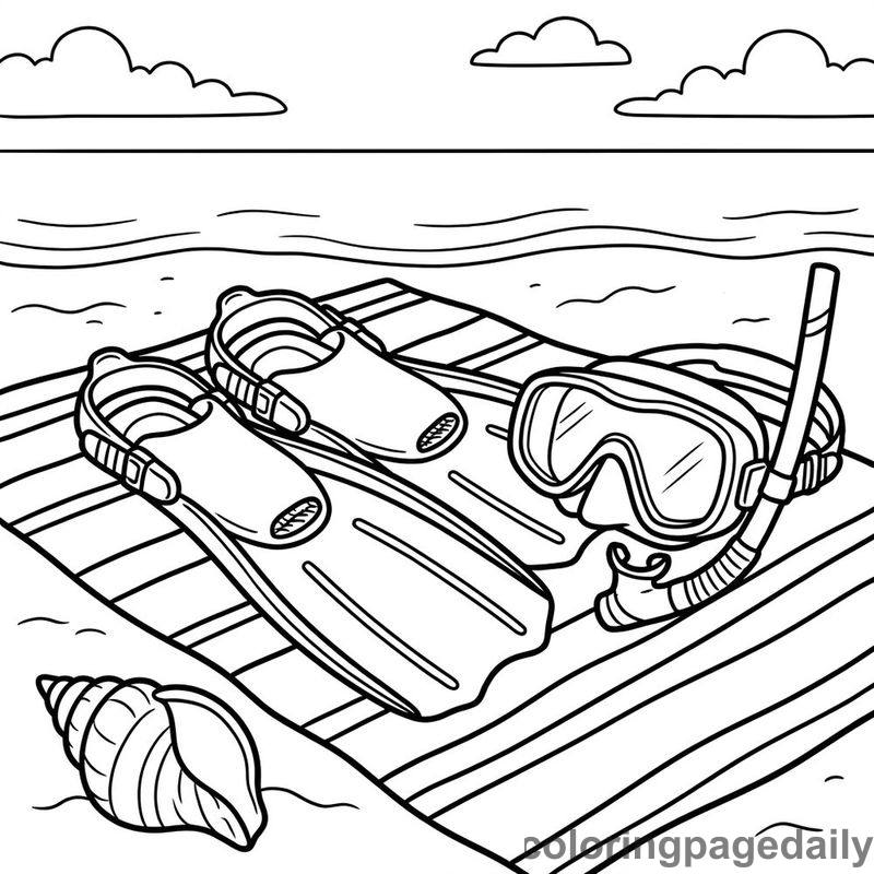 Snorkeling Gear On The Beach - Daily printable coloring page in Summer Vacation category