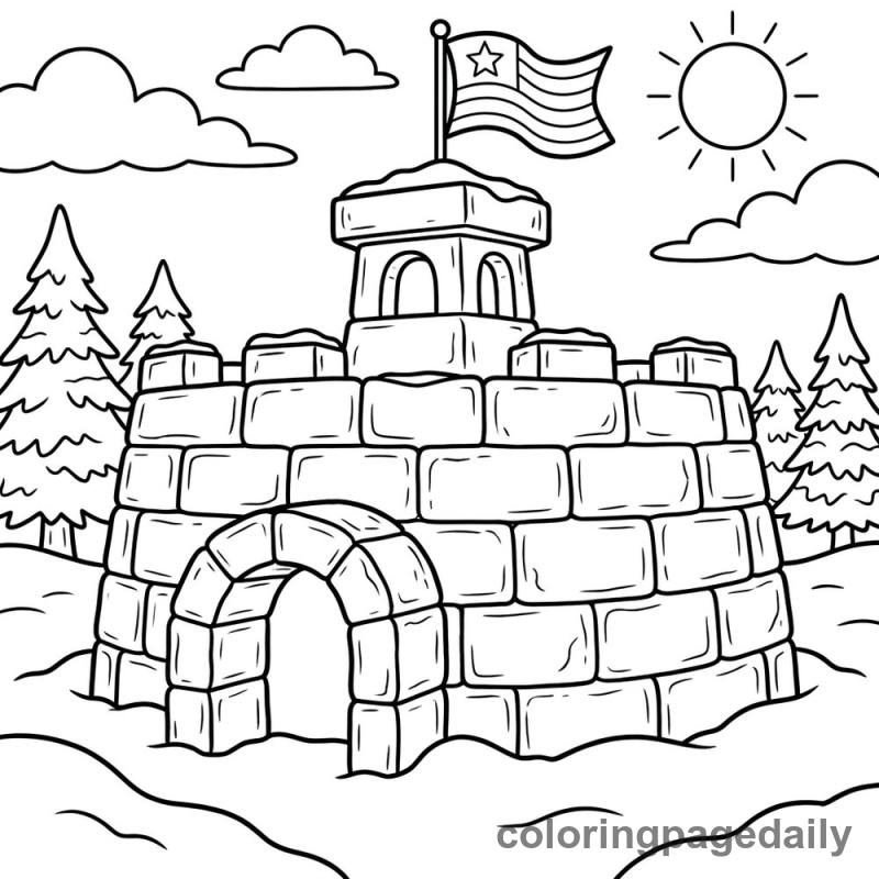 Snow Fort with Flag - Daily printable coloring page in Winter and Snow Season category