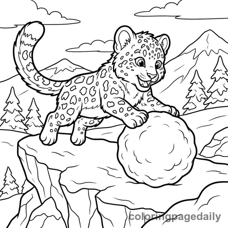Snow Leopard Cub Pounces - Daily printable coloring page in Winter and Snow Season category