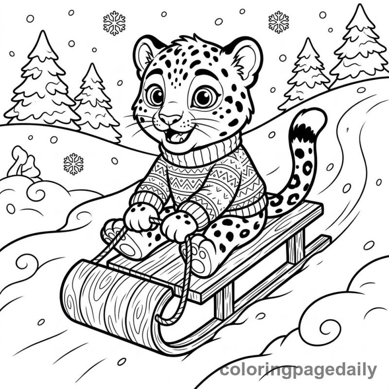 Leo the Snow Leopard’s Big Sledding Adventure - story illustration coloring page