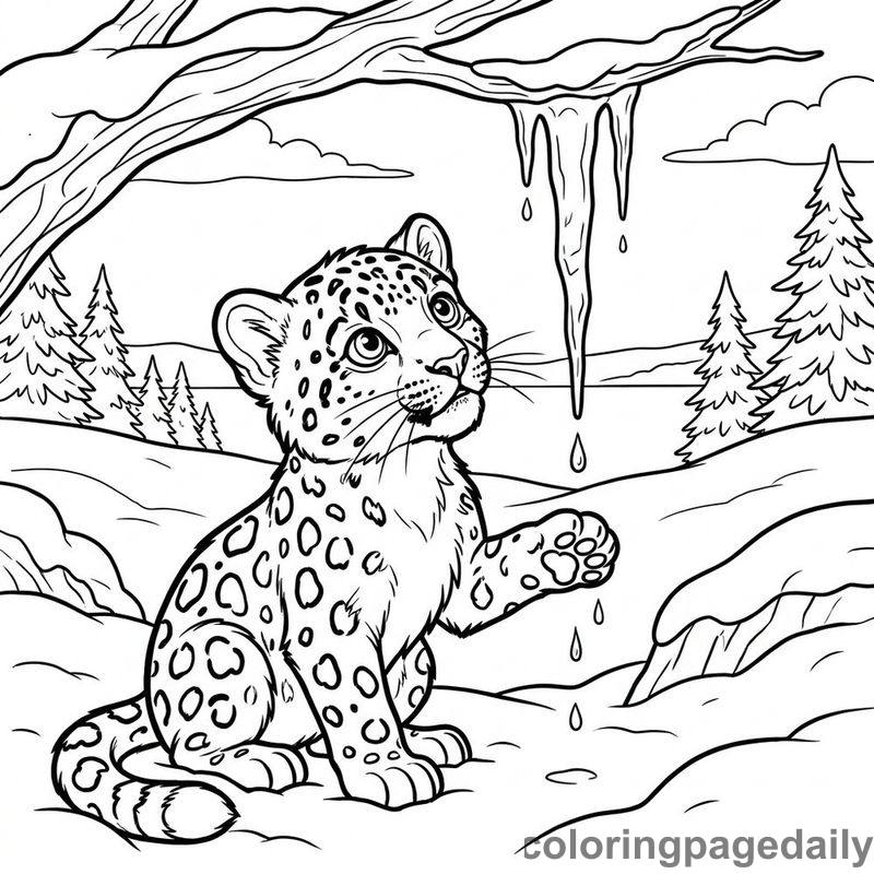 Snow Leopard Watching Melting Icicle - Daily printable coloring page in Winter and Snow Season category