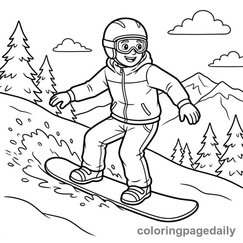 Snowboarder Carving Down Slope - Daily printable coloring page in Sports category